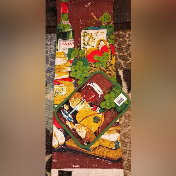 Vintage Kay Dee wine & cheese screen Print Tea Towel Set magnetic Pot Holder - Picture 1 of 7